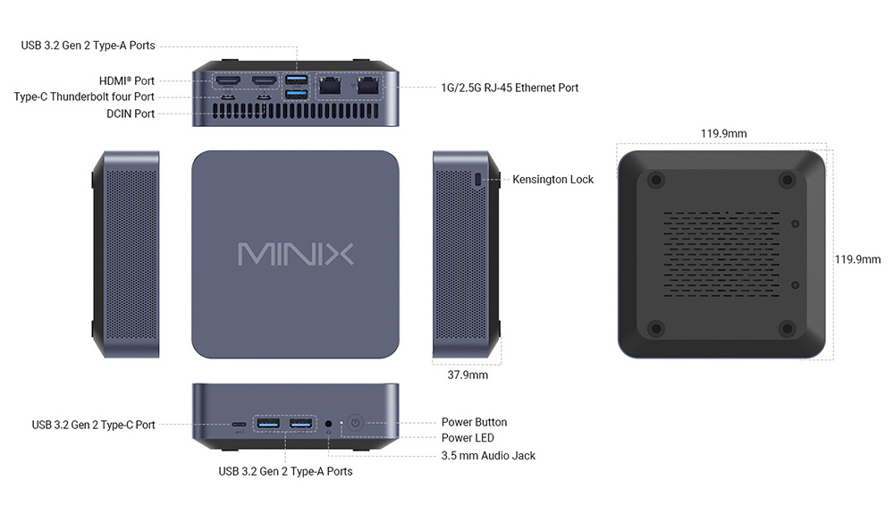 MINIX N512 Mini PC, Intel Core i5-12600H 12 Core Max 4,5GHz, 16GB DDR5 RAM 512GB SSD, 2*HDMI 1.4 (4K@30Hz) + Thunderbolt Type-C (8K@60Hz) Trojitý displej, WiFi 6 Bluetooth 5.2, 4*USB 3.2, 1*plnohodnotný Type-C, 1*1G RJ45, 1*2.5G RJ45, 1*Audio Jack